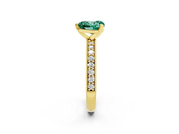 Yellow gold Heart Cut Green Sapphire Milgrain Pavé Engagement Ring with Four-Prong Setting