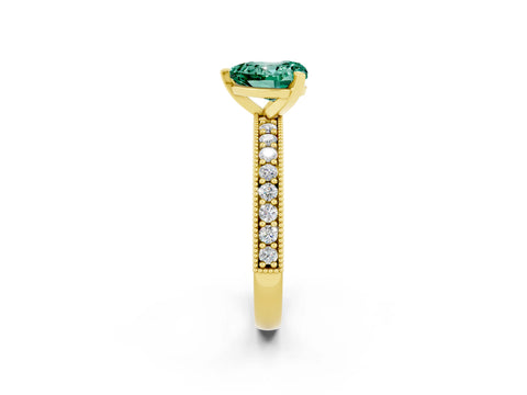 Yellow gold Heart Cut Green Sapphire Milgrain Pavé Engagement Ring with Four-Prong Setting_14