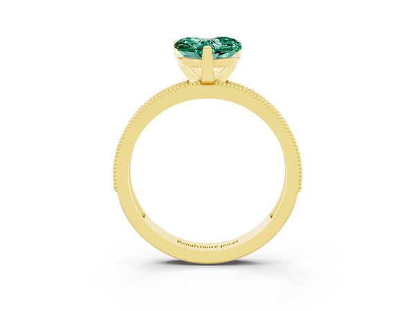 Yellow gold Heart Cut Green Sapphire Milgrain Pavé Engagement Ring with Four-Prong Setting