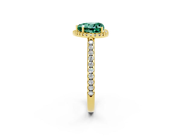 Yellow gold Heart Cut Green Sapphire Pavé Halo Ring with Four-Prong Setting