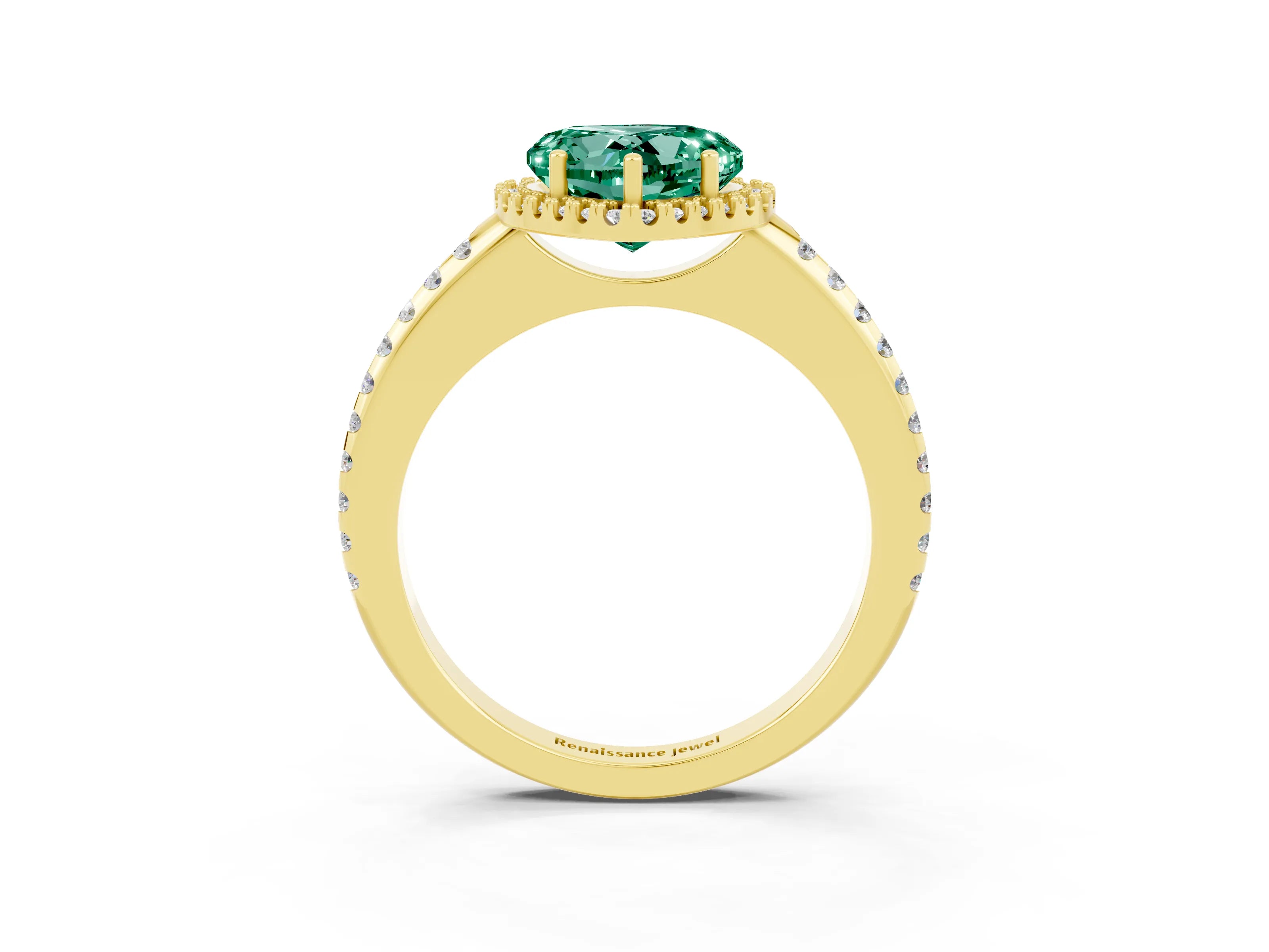 Yellow gold Heart Cut Green Sapphire Pavé Halo Ring with Four-Prong Setting_15