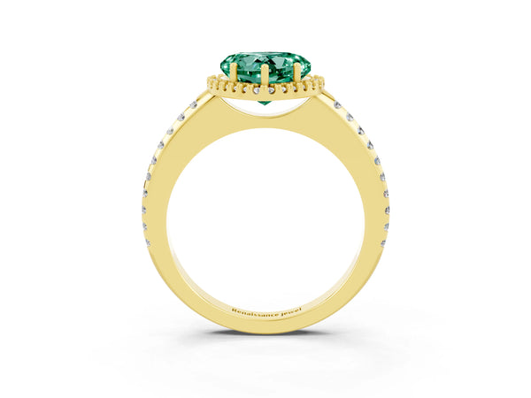 Yellow gold Heart Cut Green Sapphire Pavé Halo Ring with Four-Prong Setting