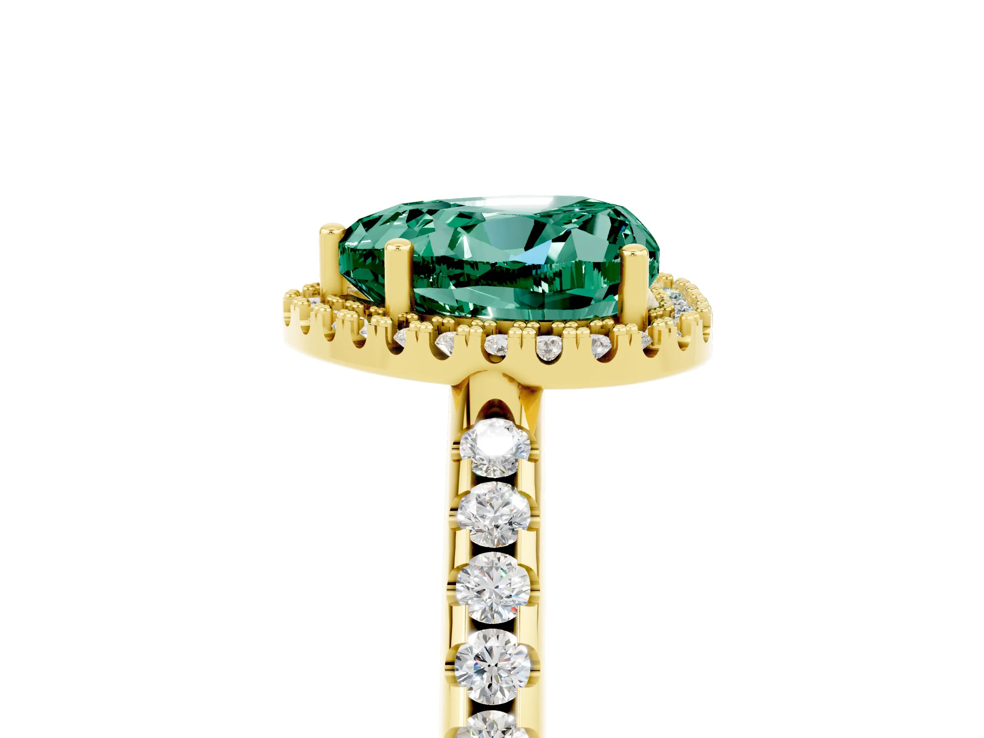 Yellow gold Heart Cut Green Sapphire Pavé Halo Ring with Four-Prong Setting_17