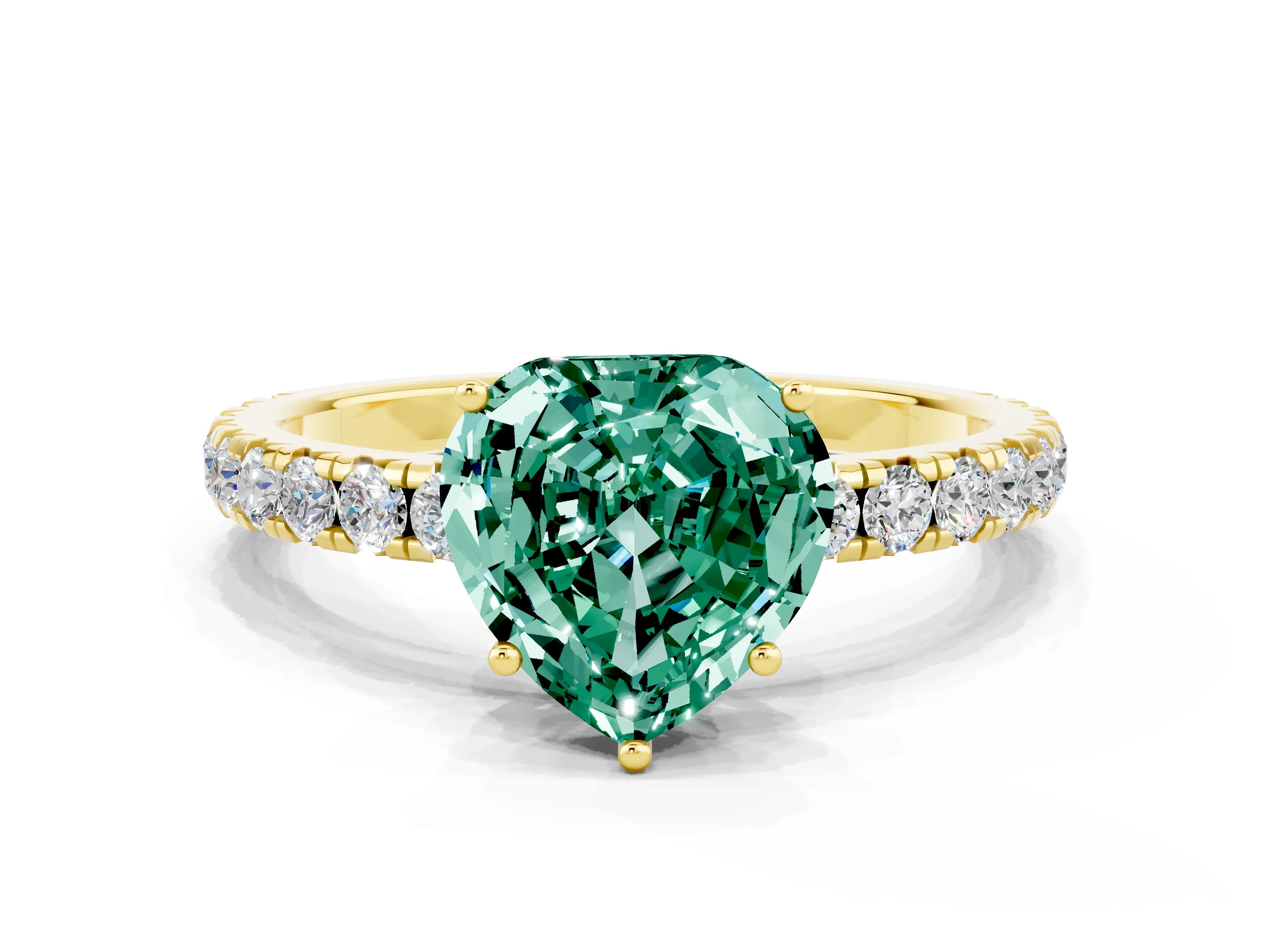 Yellow gold Heart Cut Green Sapphire Pavé Solitaire Engagement Ring with Four-Prong Setting_12