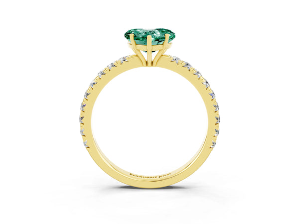Yellow gold Heart Cut Green Sapphire Pavé Solitaire Engagement Ring with Four-Prong Setting
