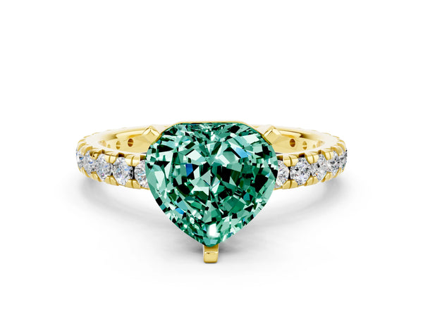 Yellow gold Heart Cut Green Sapphire Pavé Solitaire Ring with Round Band and Prong Setting