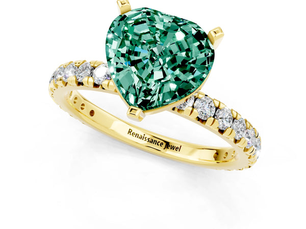 Yellow gold Heart Cut Green Sapphire Pavé Solitaire Ring with Round Band and Prong Setting