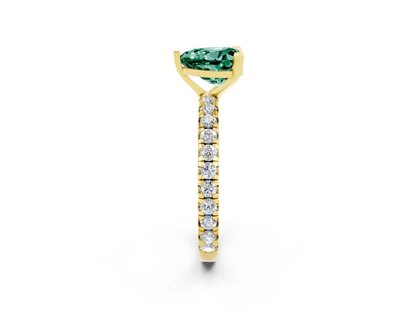 Yellow gold Heart Cut Green Sapphire Pavé Solitaire Ring with Round Band and Prong Setting