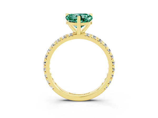 Yellow gold Heart Cut Green Sapphire Pavé Solitaire Ring with Round Band and Prong Setting