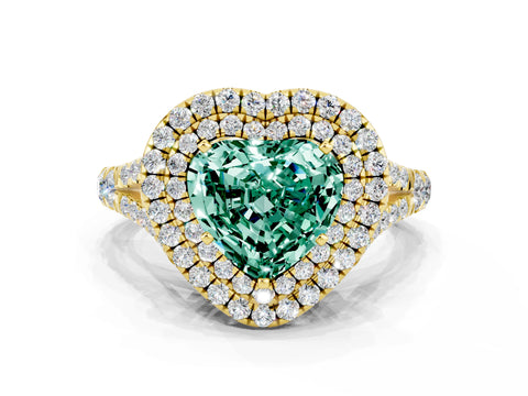 Yellow gold Heart Cut Green Sapphire Pavé Split Shank Double Halo Engagement Ring