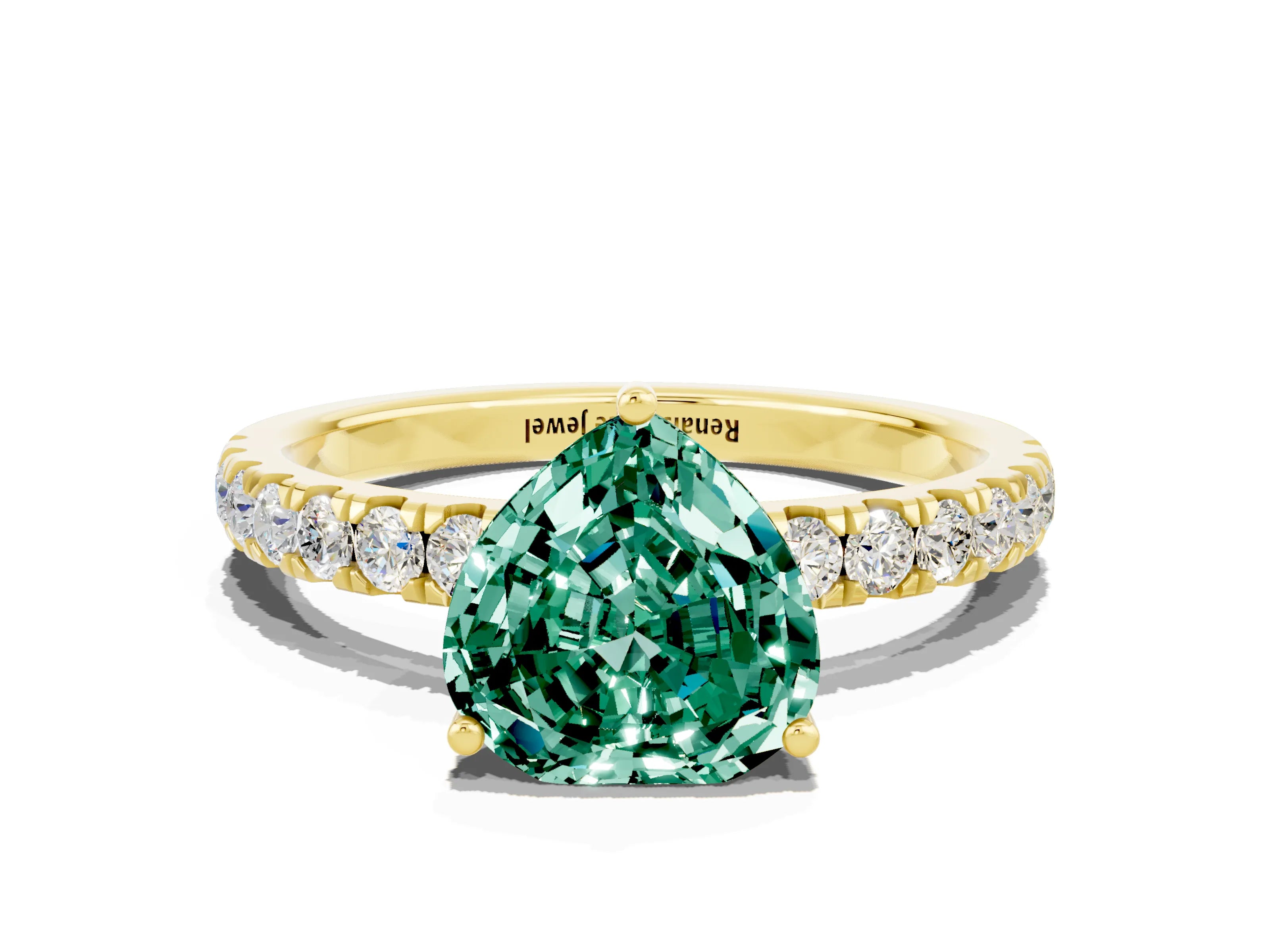 Yellow gold Heart Cut Green Sapphire Pave Band Solitaire Ring with Four-Prong Setting_24