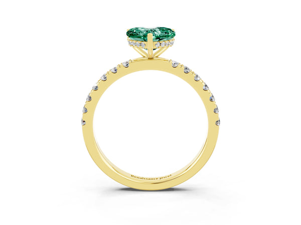 Yellow gold Heart Cut Green Sapphire Pave Band Solitaire Ring with Round  and Prong Setting