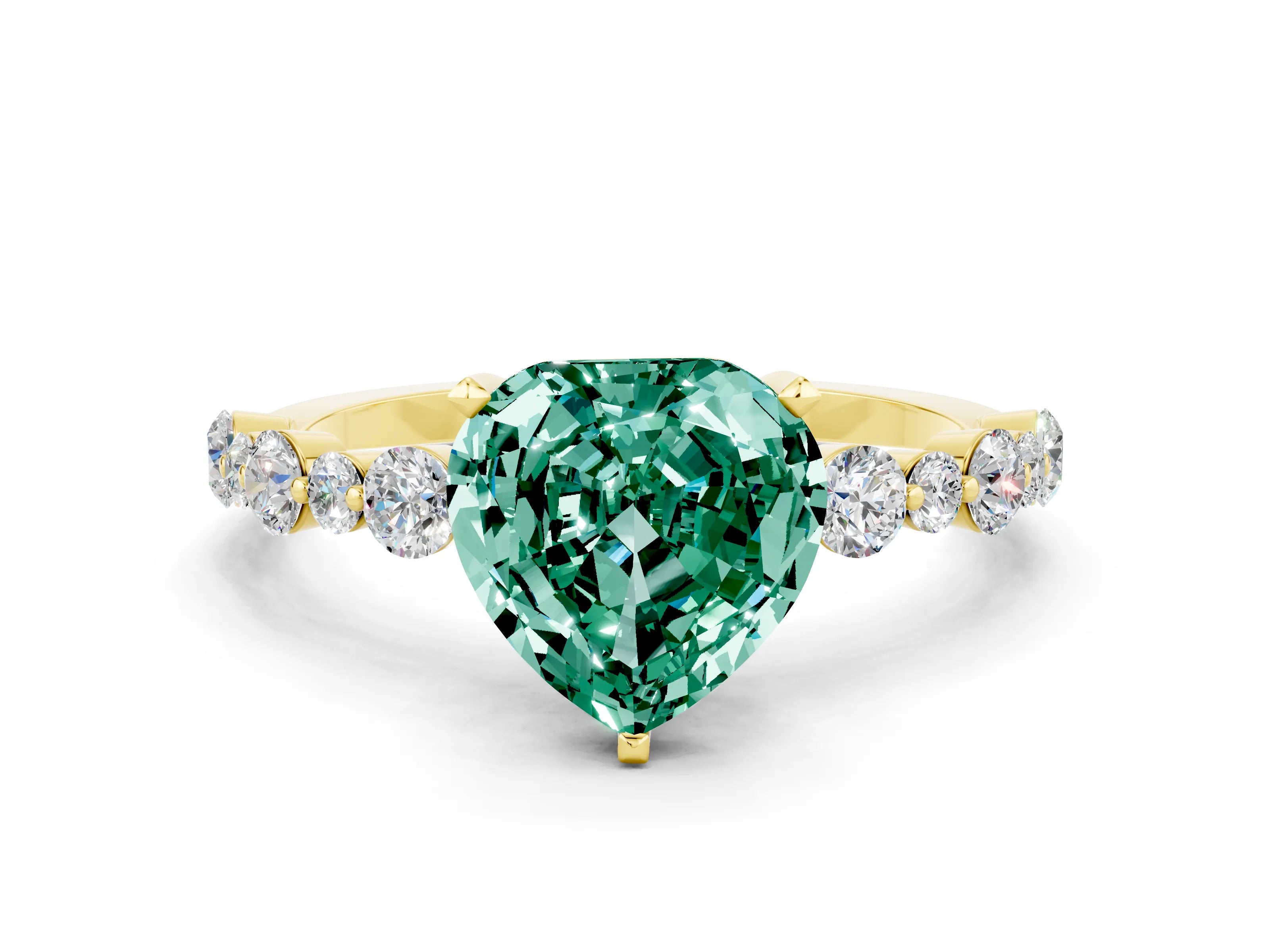 Yellow gold Heart Cut Green Sapphire Prong Set Engagement Ring with Pavé Band