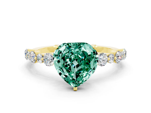 Yellow gold Heart Cut Green Sapphire Prong Set Engagement Ring with Pavé Band
