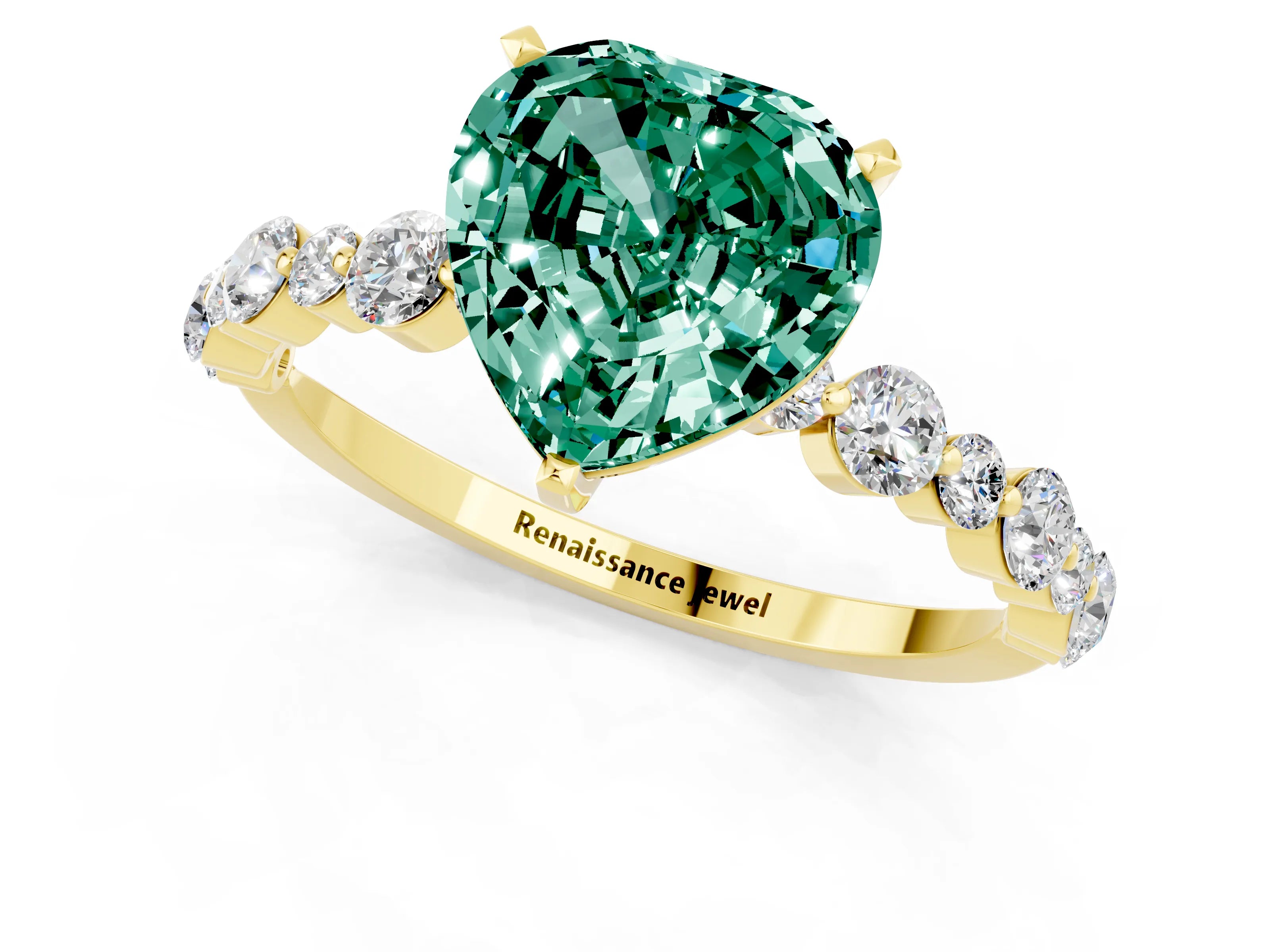 Yellow gold Heart Cut Green Sapphire Prong Set Engagement Ring with Pavé Band_1
