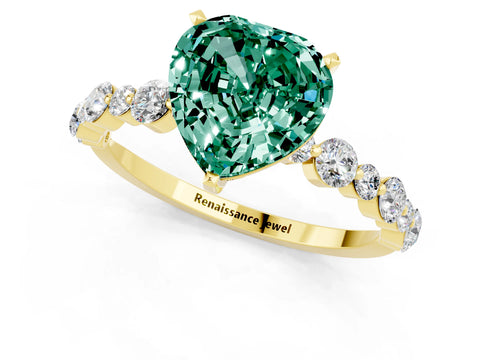 Yellow gold Heart Cut Green Sapphire Prong Set Engagement Ring with Pavé Band_1