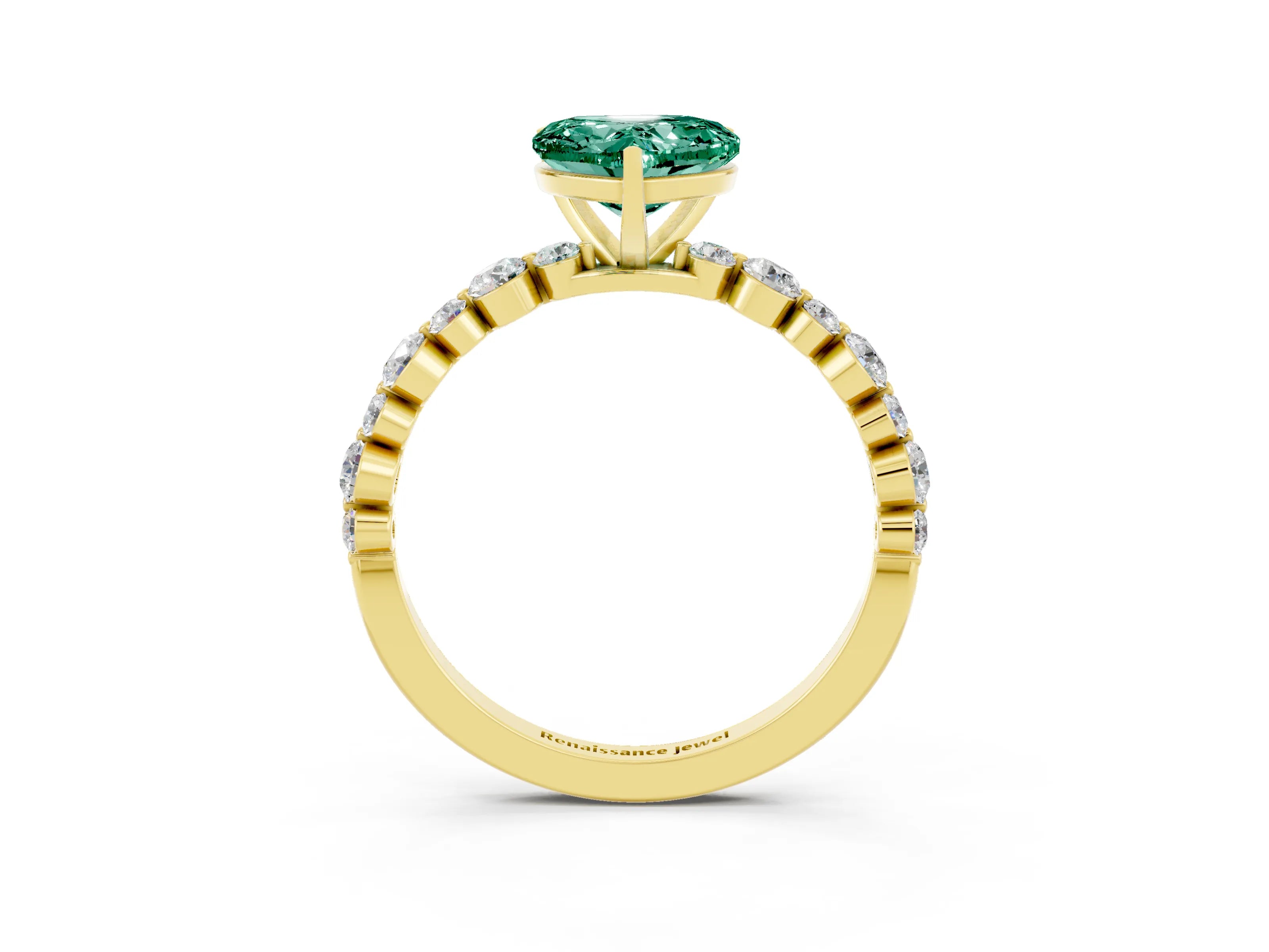 Yellow gold Heart Cut Green Sapphire Prong Set Engagement Ring with Pavé Band_3