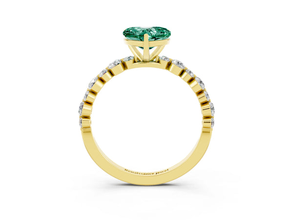 Yellow gold Heart Cut Green Sapphire Prong Set Engagement Ring with Pavé Band