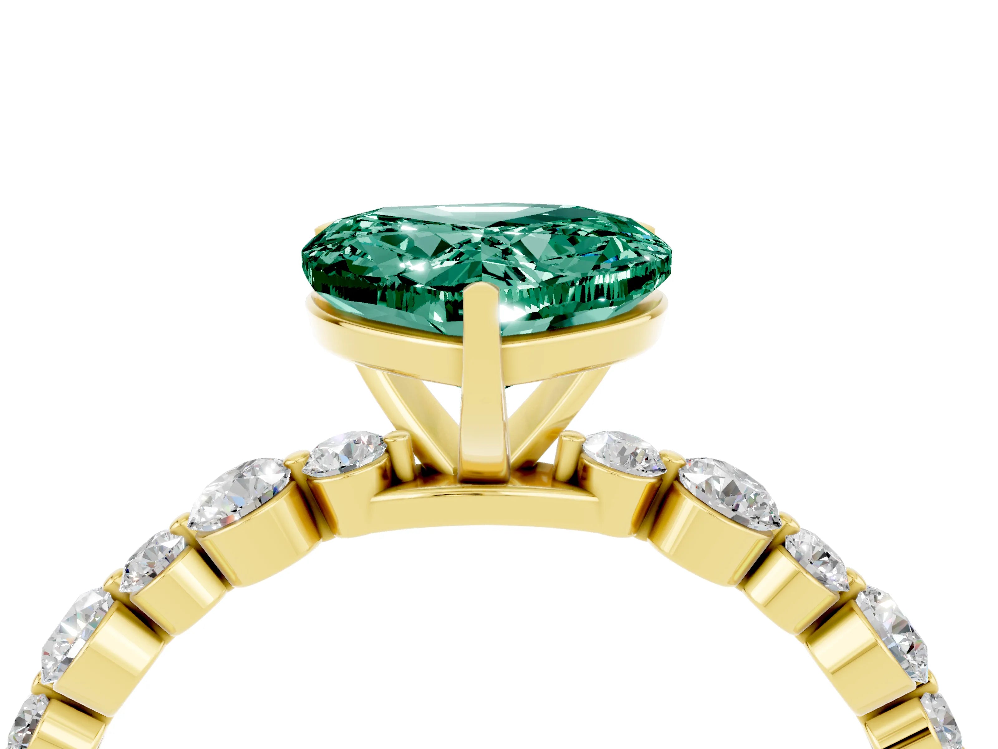 Yellow gold Heart Cut Green Sapphire Prong Set Engagement Ring with Pavé Band_4