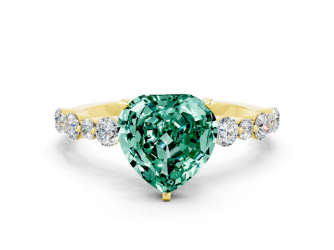 Yellow gold Heart Cut Green Sapphire Prong Set Engagement Ring with Pavé Band