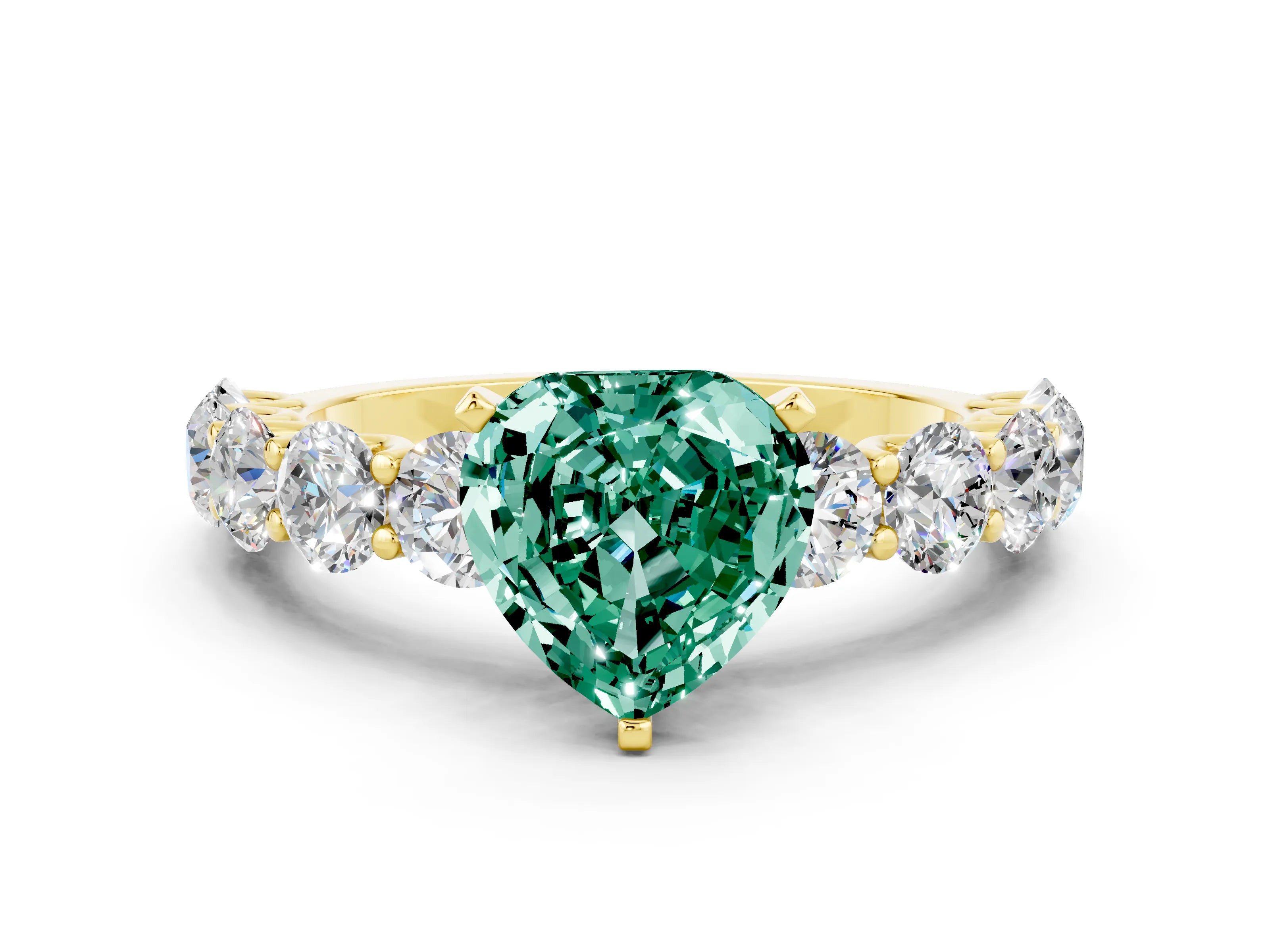 Yellow gold Heart Cut Green Sapphire Prong Setting with Side Stones on a Pave Band