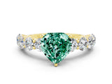 Yellow gold Heart Cut Green Sapphire Prong Setting with Side Stones on a Pave Band