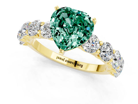 Yellow gold Heart Cut Green Sapphire Prong Setting with Side Stones on a Pave Band_1