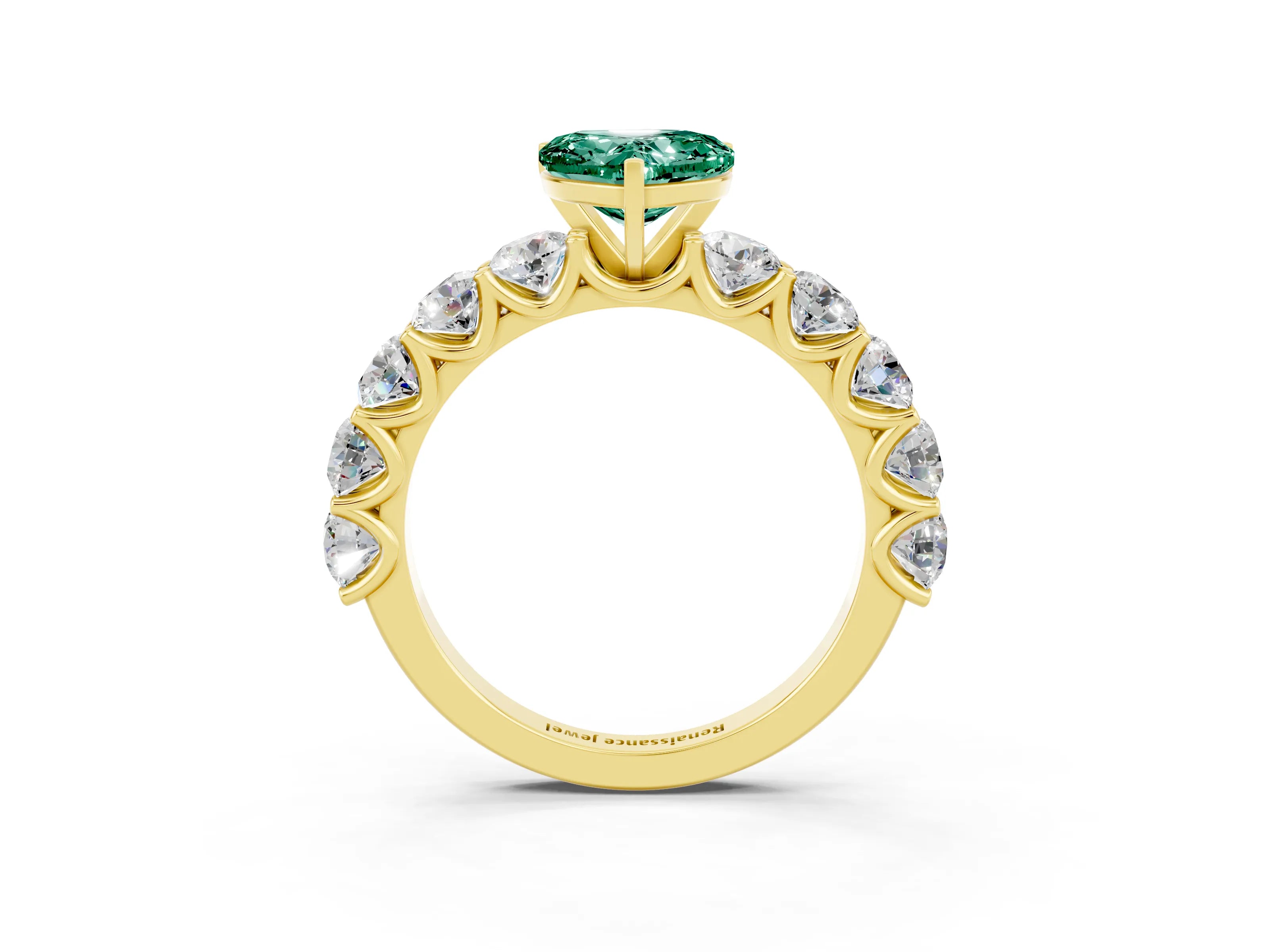 Yellow gold Heart Cut Green Sapphire Prong Setting with Side Stones on a Pave Band_3