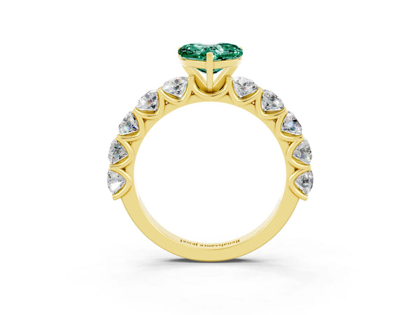 Yellow gold Heart Cut Green Sapphire Prong Setting with Side Stones on a Pave Band