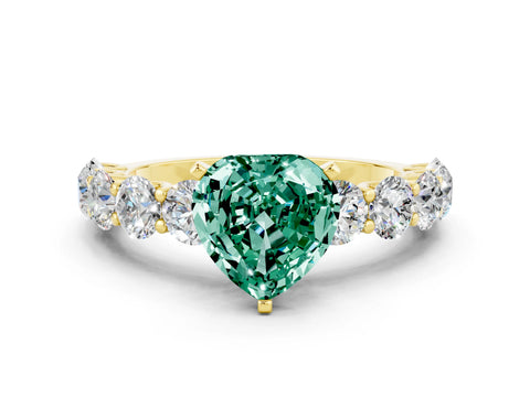 Yellow gold Heart Cut Green Sapphire Prong Setting with Side Stones on a Pave Band
