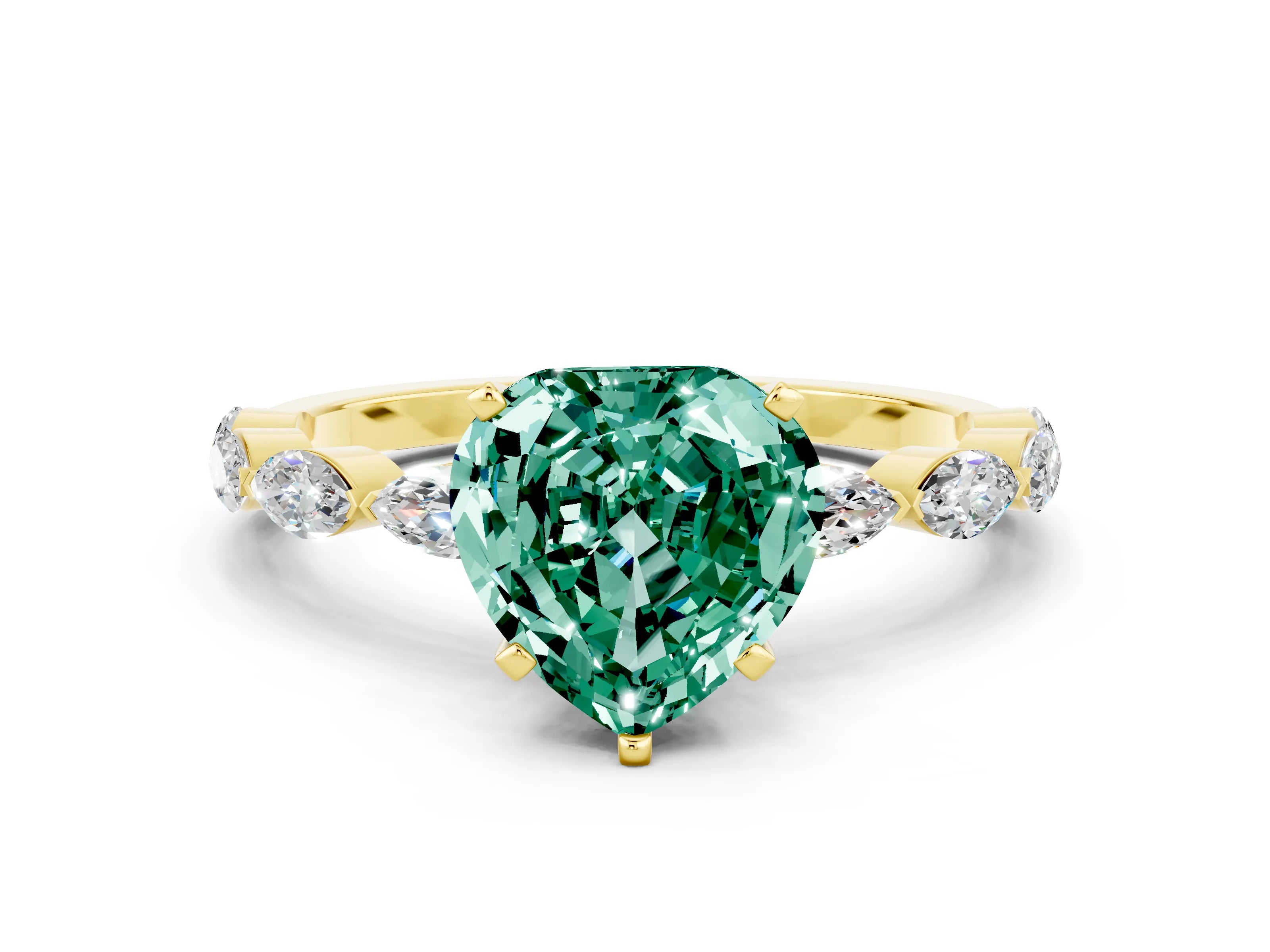 Yellow gold Heart Cut Green Sapphire Ring with Marquise Side Stones and Prong Setting