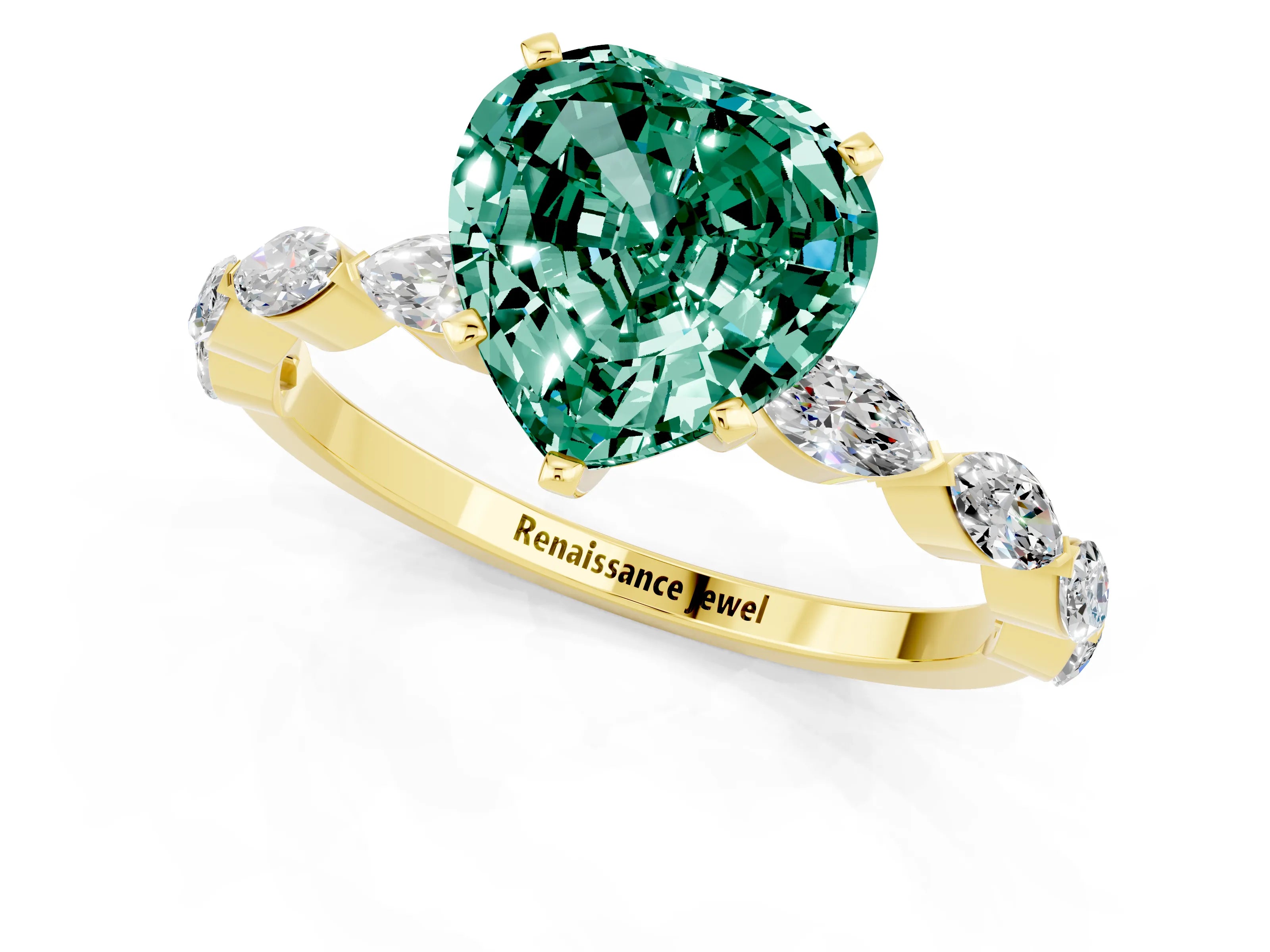 Yellow gold Heart Cut Green Sapphire Ring with Marquise Side Stones and Prong Setting_1