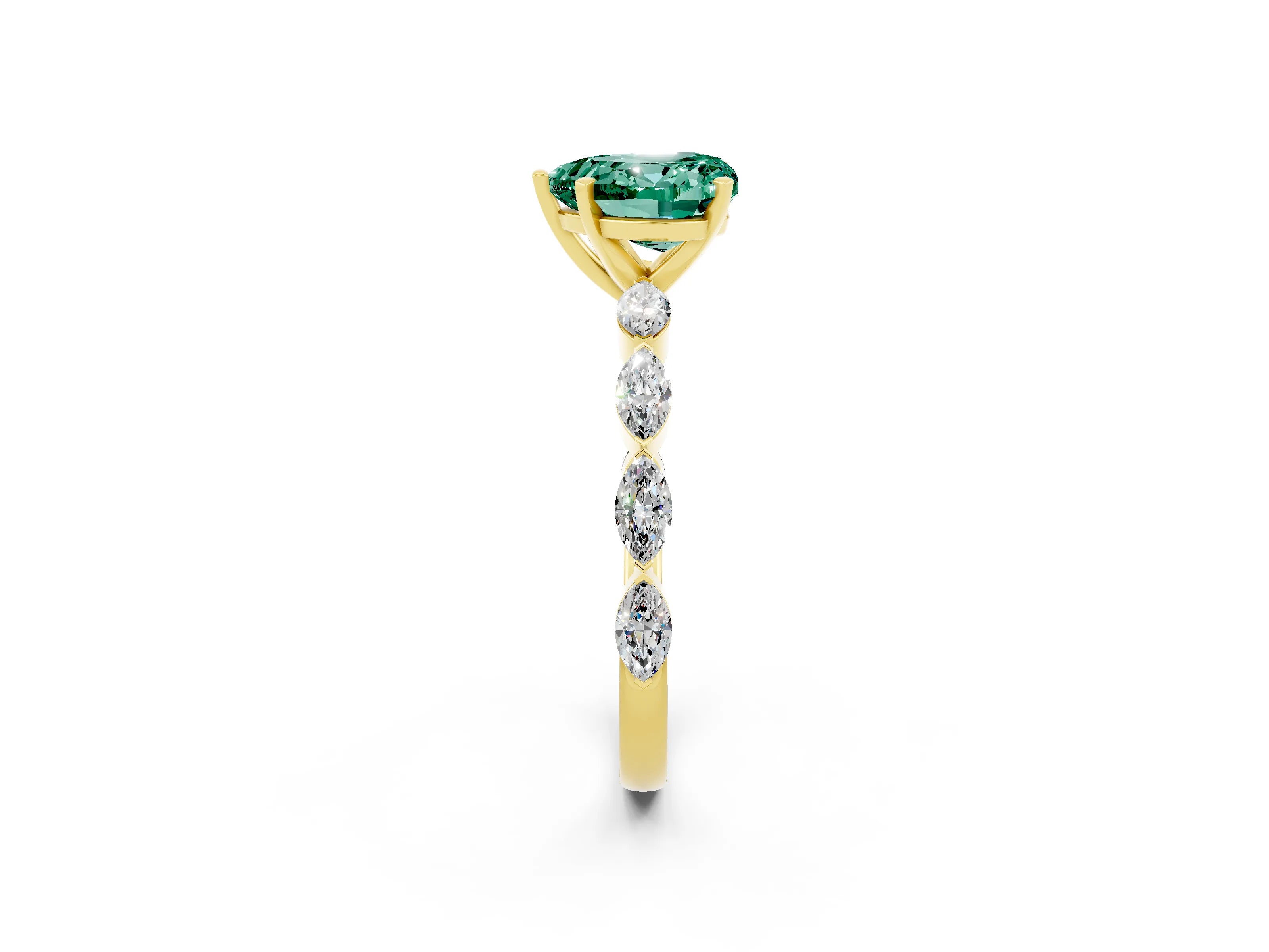 Yellow gold Heart Cut Green Sapphire Ring with Marquise Side Stones and Prong Setting_2