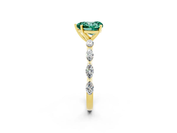 Yellow gold Heart Cut Green Sapphire Ring with Marquise Side Stones and Prong Setting