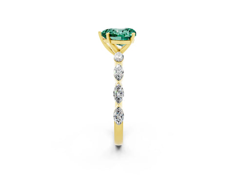 Yellow gold Heart Cut Green Sapphire Ring with Marquise Side Stones and Prong Setting_2