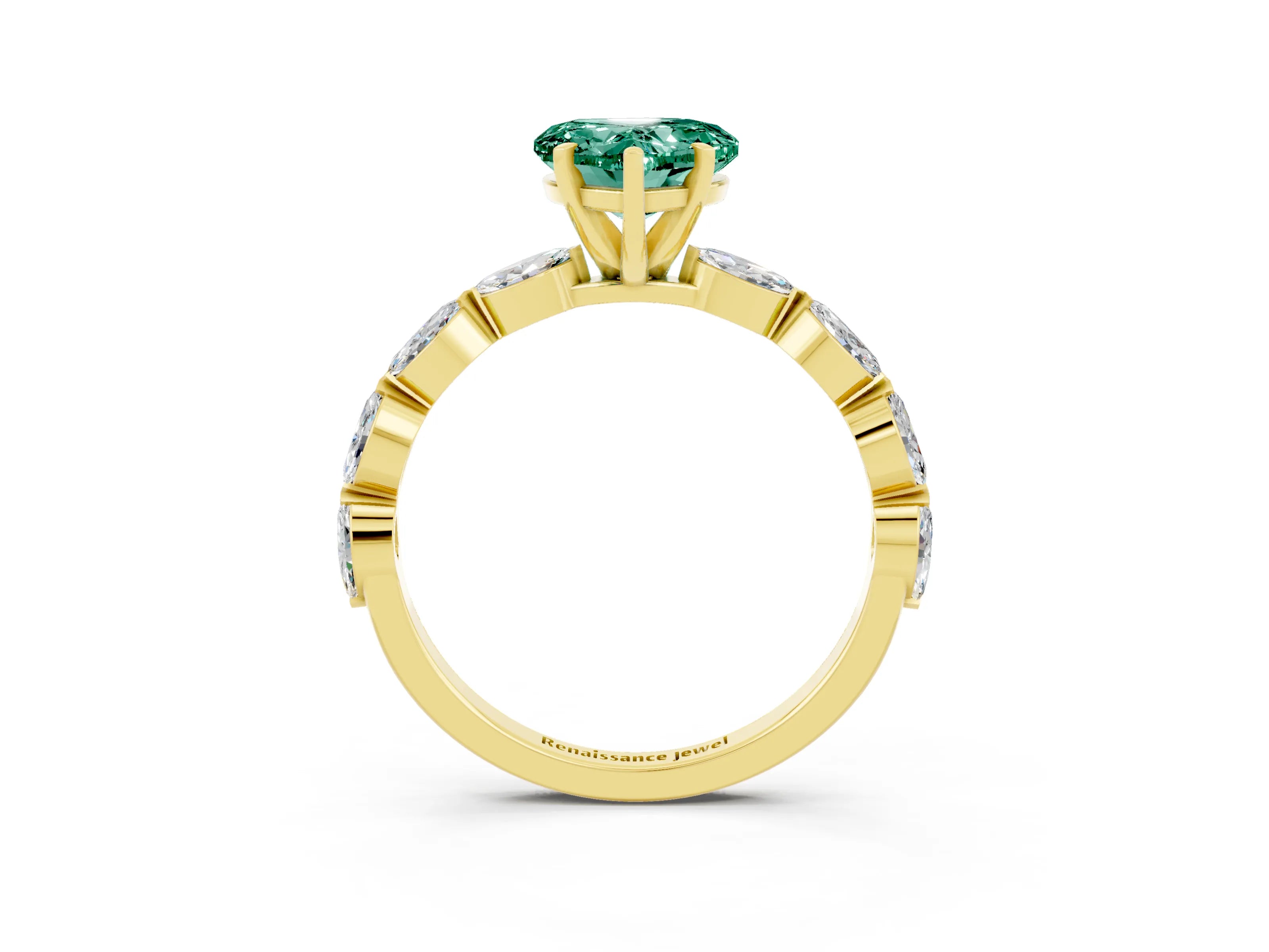 Yellow gold Heart Cut Green Sapphire Ring with Marquise Side Stones and Prong Setting_3