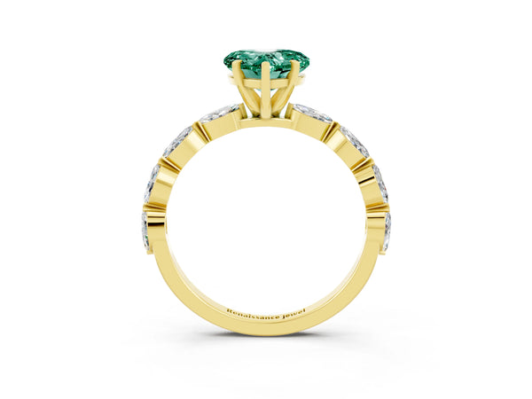 Yellow gold Heart Cut Green Sapphire Ring with Marquise Side Stones and Prong Setting