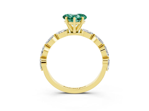 Yellow gold Heart Cut Green Sapphire Ring with Marquise Side Stones and Prong Setting_3