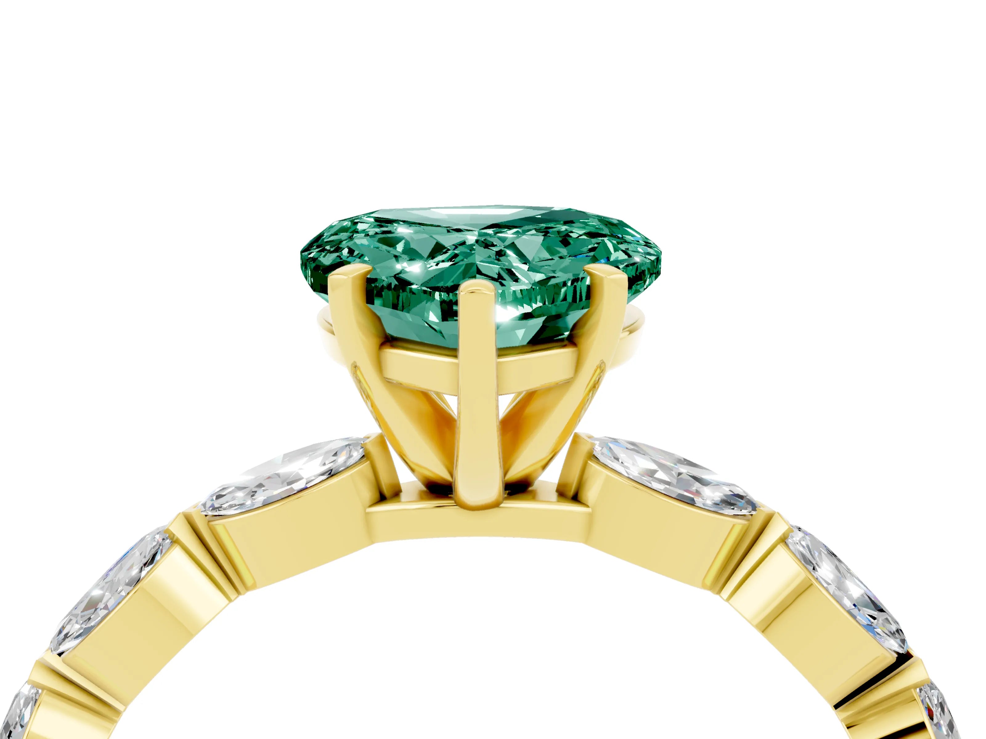 Yellow gold Heart Cut Green Sapphire Ring with Marquise Side Stones and Prong Setting_4