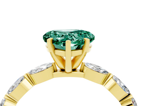 Yellow gold Heart Cut Green Sapphire Ring with Marquise Side Stones and Prong Setting_4