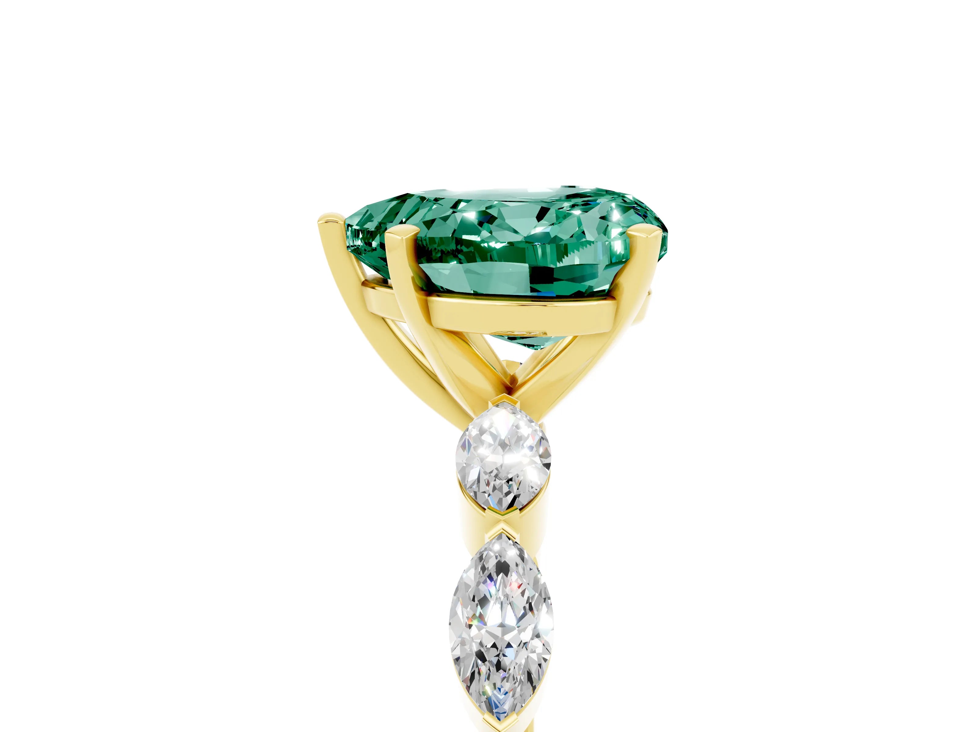 Yellow gold Heart Cut Green Sapphire Ring with Marquise Side Stones and Prong Setting_5