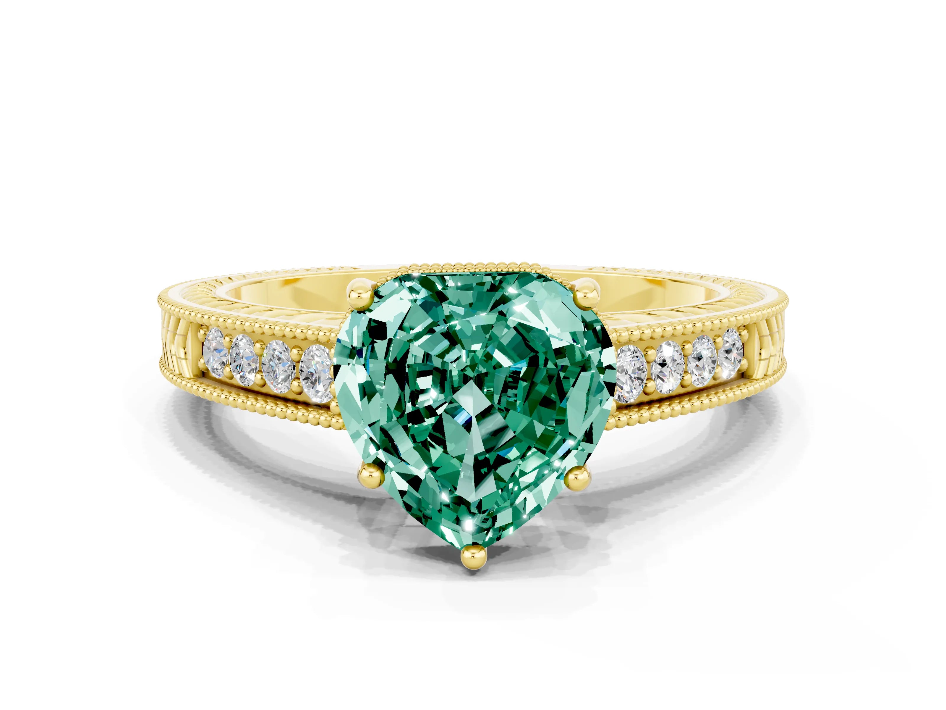 Yellow gold Heart Cut Green Sapphire Ring with Milgrain Pavé Band and Four-Prong Setting_12