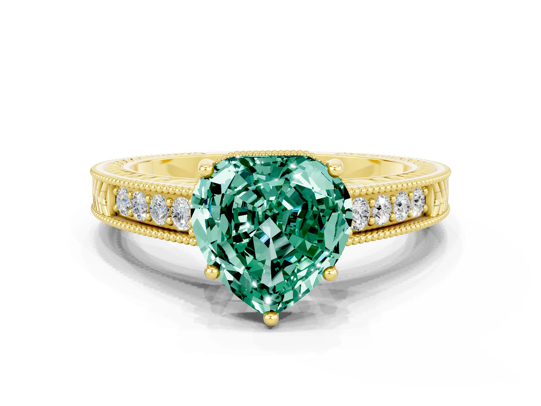 Yellow gold Heart Cut Green Sapphire Ring with Milgrain Pavé Band and Four-Prong Setting_12