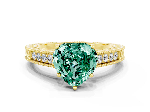 Yellow gold Heart Cut Green Sapphire Ring with Milgrain Pavé Band and Four-Prong Setting