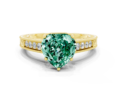 Yellow gold Heart Cut Green Sapphire Ring with Milgrain Pavé Band and Four-Prong Setting_12