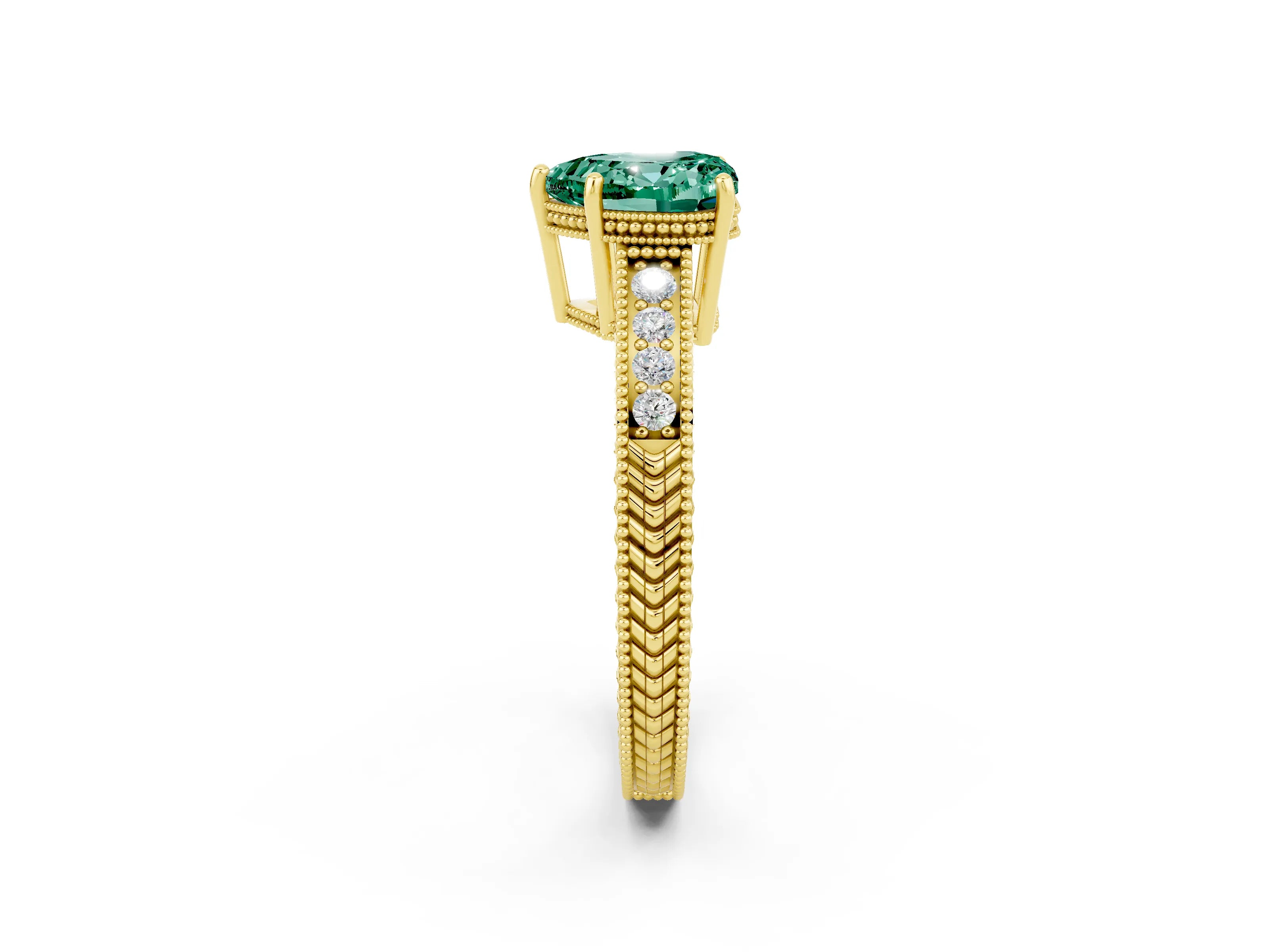 Yellow gold Heart Cut Green Sapphire Ring with Milgrain Pavé Band and Four-Prong Setting_14