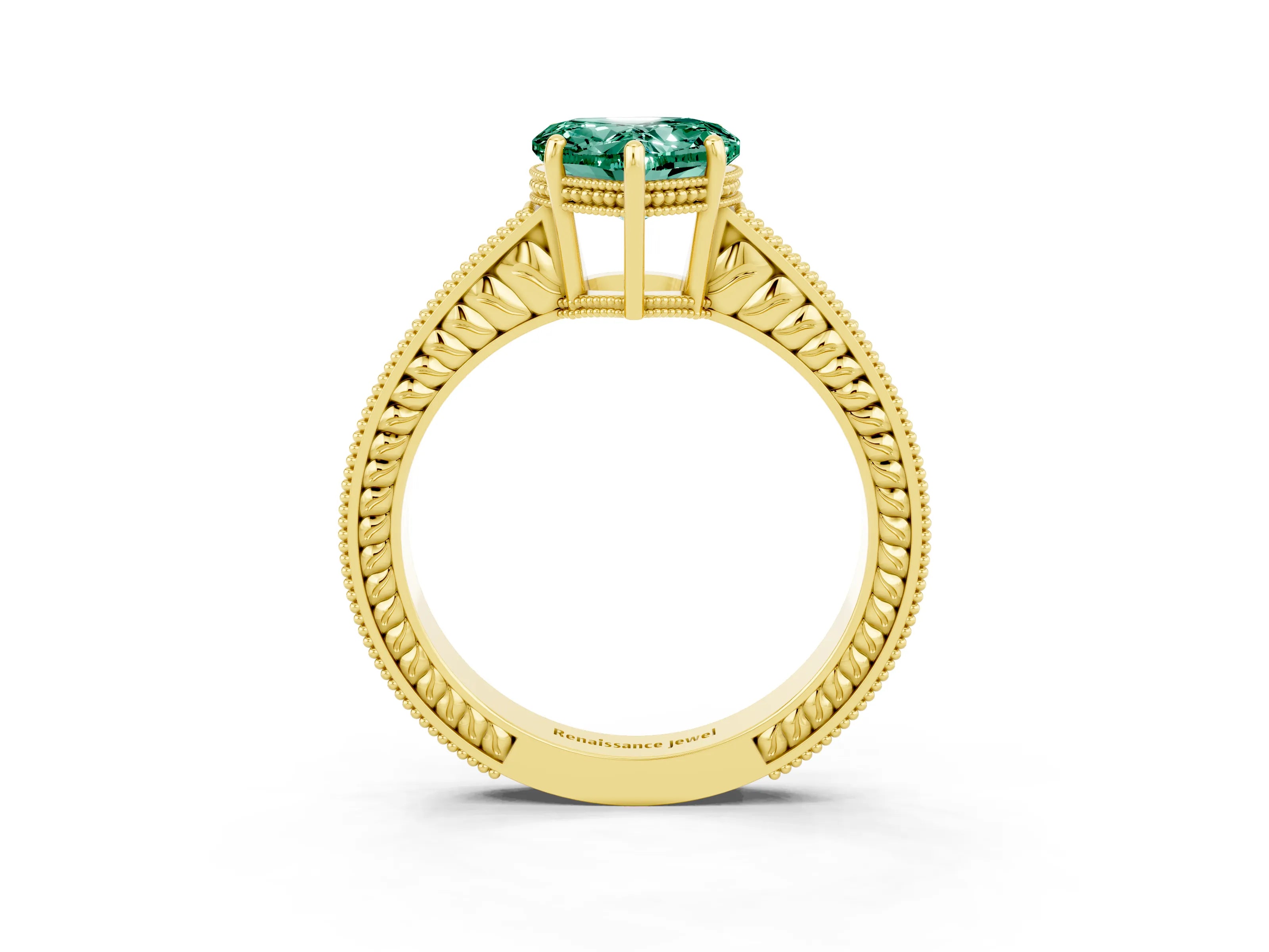 Yellow gold Heart Cut Green Sapphire Ring with Milgrain Pavé Band and Four-Prong Setting_15