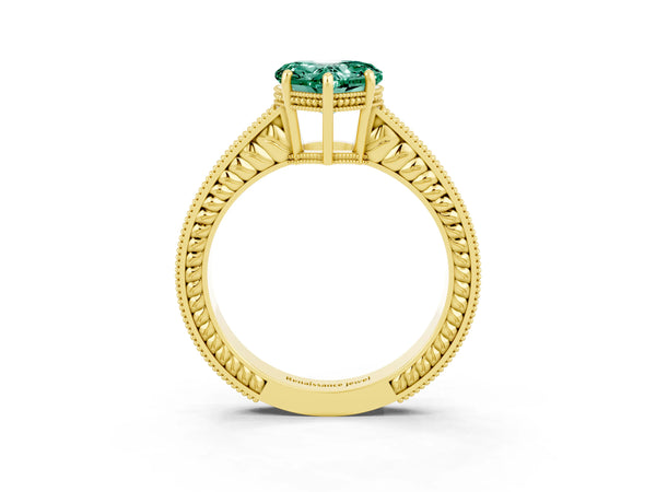 Yellow gold Heart Cut Green Sapphire Ring with Milgrain Pavé Band and Four-Prong Setting
