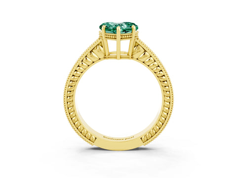 Yellow gold Heart Cut Green Sapphire Ring with Milgrain Pavé Band and Four-Prong Setting_15