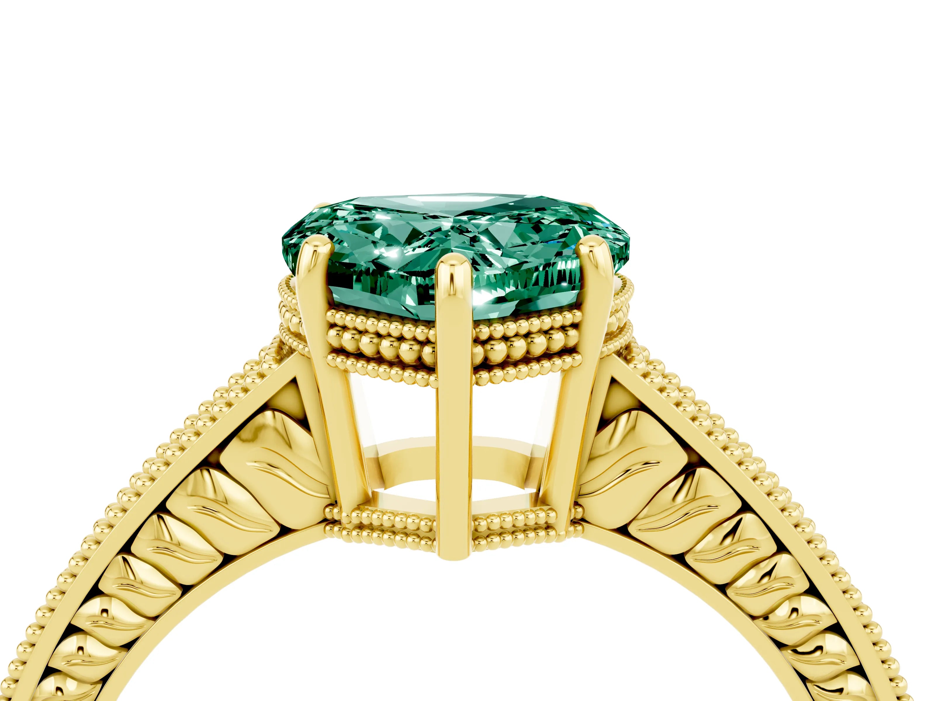 Yellow gold Heart Cut Green Sapphire Ring with Milgrain Pavé Band and Four-Prong Setting_16